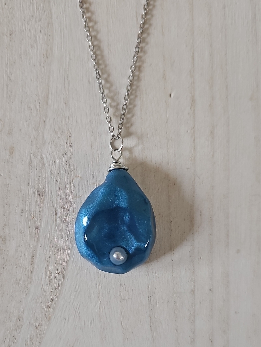 Blue Ocean Teardrop Pearl Accent Pendant Necklace